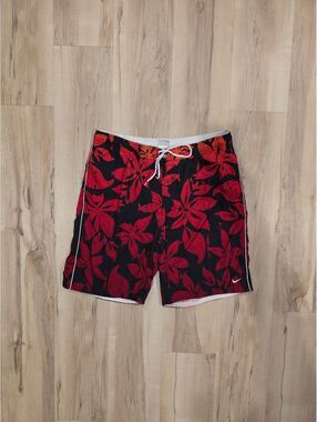 Nike Men's Red and Black Floral Swim Trunks Size L